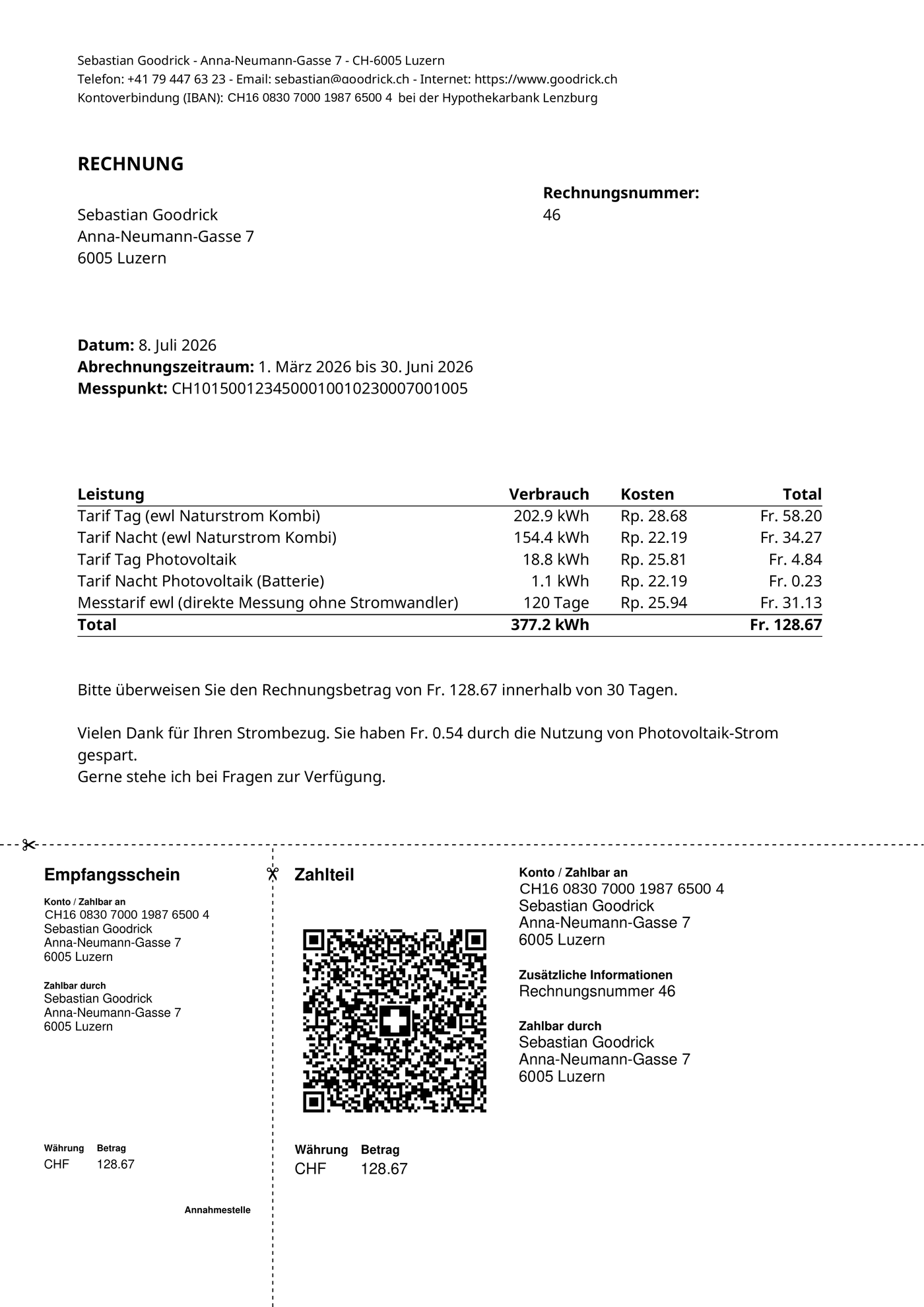 Beispiel einer QR-Rechnung von kWise als PDF
